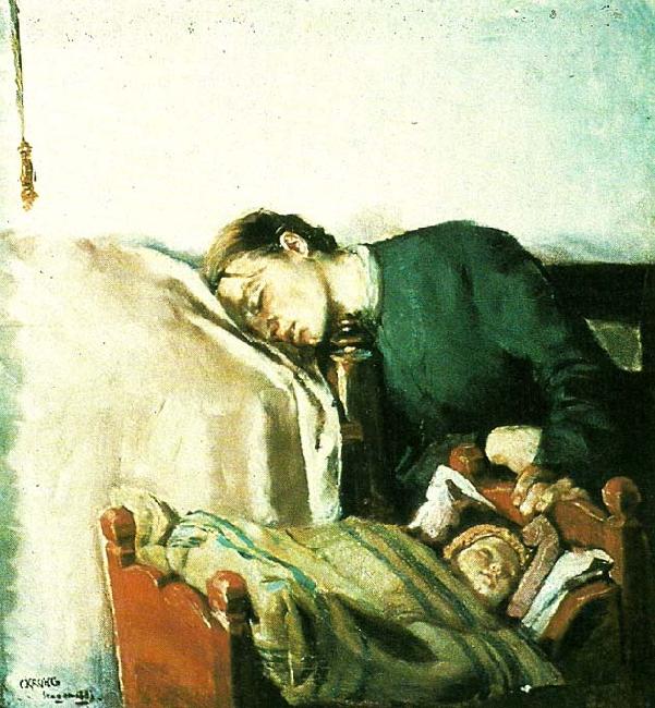 Christian Krohg sovende mor ved sit barns vugge France oil painting art